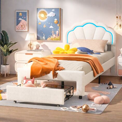 Letto moderno imbottito con cassetti, con testiera a forma di petalo con LED, 90 x 200 cm, tessuto in velluto morbido, letto singolo, senza materasso