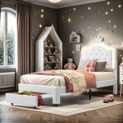 Letto moderno in similpelle a LED con cassetto, letto imbottito con testiera a corona unica, struttura per letto singolo 90 x 200 cm, struttura per letto matrimoniale 140 x 200 cm per ragazze, ragazzi