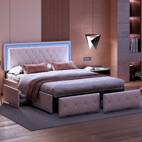 Letto moderno in similpelle con cassetti, struttura letto matrimoniale in similpelle a LED con contenitore, 140 x 200 cm, bianco/grigio, senza materasso