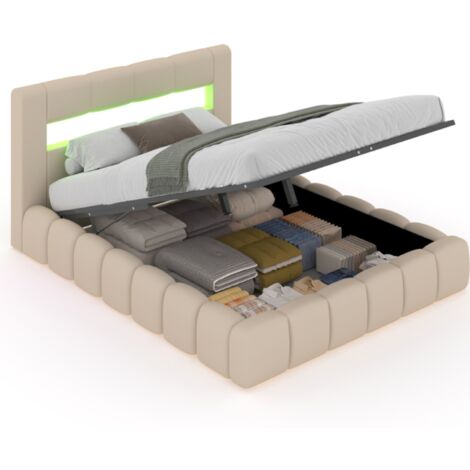 Letto nuvola led con cassettiera 140x190cm velluto beige OMAHA