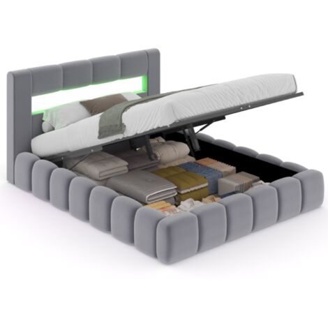 Letto nuvola led con cassettiera 140x190cm velluto grigio OMAHA