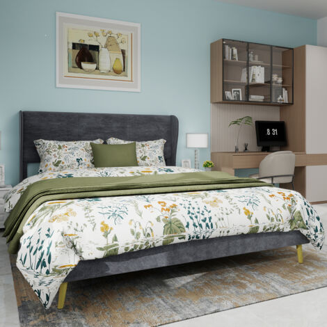 Letto per adulti 140x200 cm, rete a doghe imbottita, testiera in peluche, materasso non incluso, tessuto + metallo, grigio