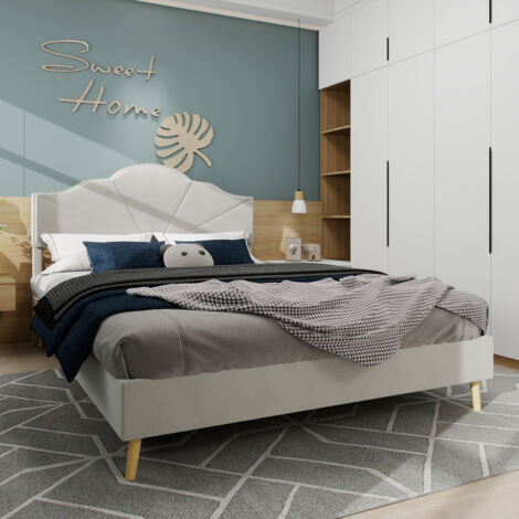 Letto per adulti 160×200cm, letto matrimoniale, rete a doghe imbottita, senza materasso, tessuto + metallo, beige