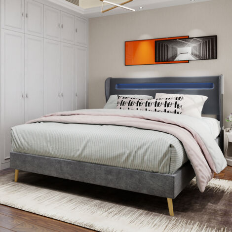 Letto per adulti 160x200 cm, letto matrimoniale, testiera LED, rete a doghe imbottita, materasso non incluso, MDF, grigio