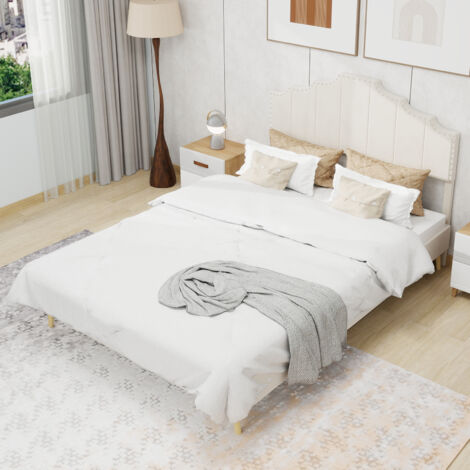 Letto per adulti 160x200 cm, matrimoniale, rete a doghe imbottita, metallo e tessuto, materasso non incluso, beige
