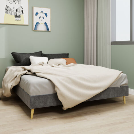 Letto per adulti 160x200 cm, rete a doghe imbottita, senza materasso e testiera, tessuto + metallo, grigio