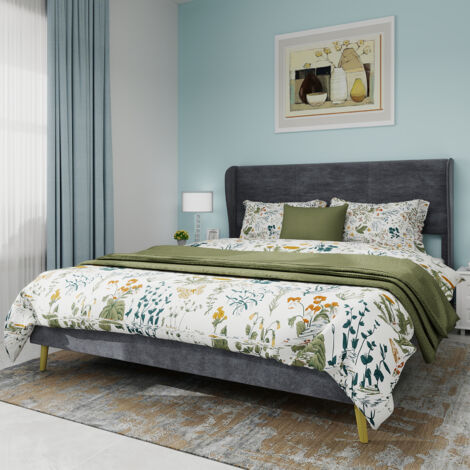 Letto per adulti 160x200 cm, rete a doghe imbottita, testiera in peluche, materasso non incluso, tessuto + metallo, grigio