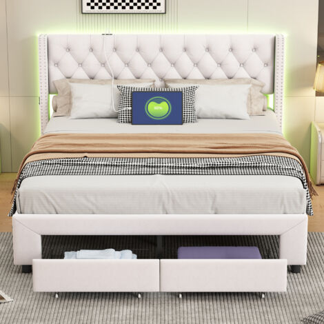 Letto per adulti 180x200, letto 180x200, letto matrimoniale, con 2 cassetti, testiera con tasche laterali, LED regolabile, schienale morbido, design rivetto, velluto, beige