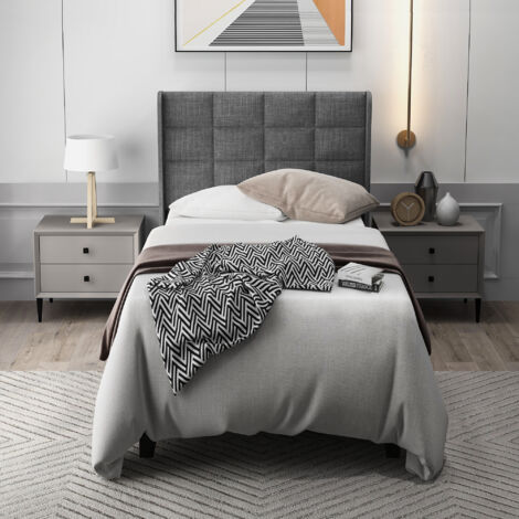 Letto per adulti 90x200 cm, letto singolo imbottito con rete a doghe, letto per ragazzi in lino, grigio, senza materasso