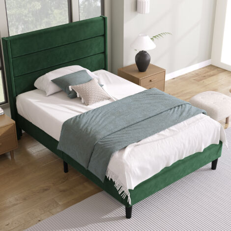 Letto per adulti 90x200cm, letto singolo imbottito per bambini, rete a doghe, materasso incluso, lino, verde