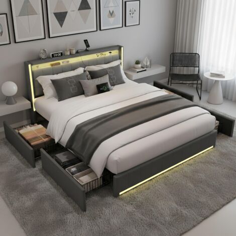 Divano Letto Con Letto Estraibile 90x200 Cm – Struttura In Metallo, Testiera LED Con USB, Mensole E 3 Cassetti – Perfetto Per Ospiti E Spazi Piccoli
