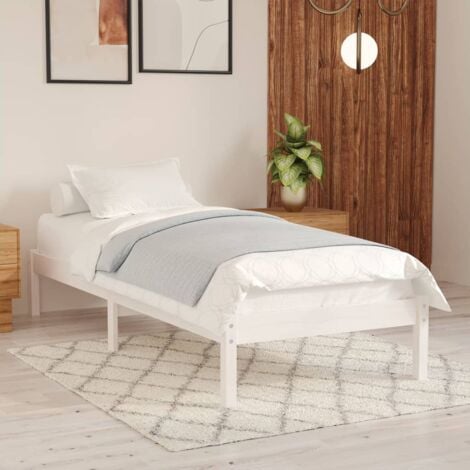 BONNEVIE Letto per adulto,Struttura Letto elegante, Letto singolo,Giroletto Bianco in Legno Massello di Pino 90x200 cm -BV57207