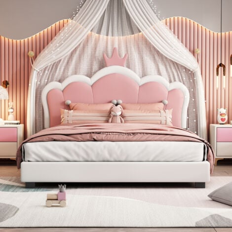 WISHDOR Letto per bambini 140 x 200 cm con rete a doghe e schienale, letto imbottito, lettino per bambina, bianco (materasso non incluso)