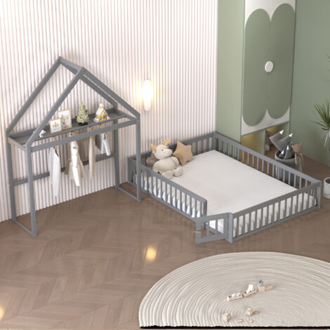 Letto per bambini 140 x 200, struttura in legno massello con spazio contenitore, sponda di sicurezza completa e porte e rete a doghe, grigio