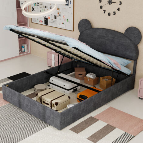 Letto per Bambini 140x200 cm, con Testiera Cartone Animato, Base Contenitore a Sollevamento Gas, Metallo, Grigio (Senza Materasso)