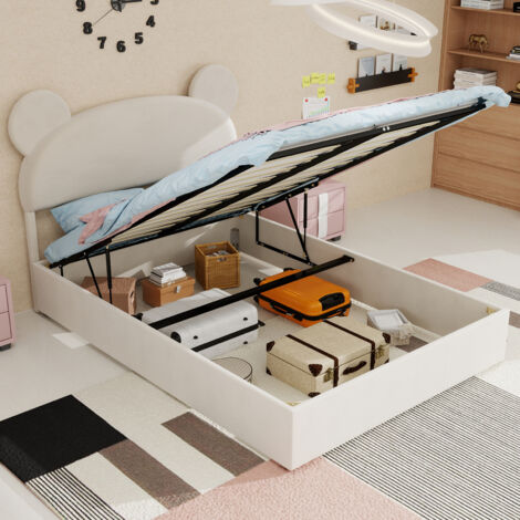 Letto per Bambini 140x200 cm, Testiera in Peluche a Tema Cartone, con Base Contenitore a Gas, in Beige (Senza Materasso)