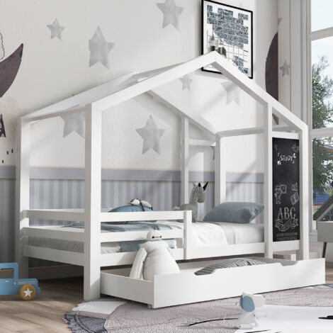 Letto per bambini 160x200cm, stile casa, con lavagna, 2 cassetti, legno bianco (materasso non incluso)