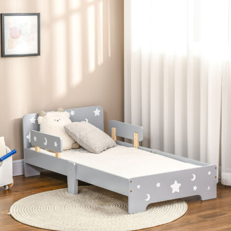 Letto per Bambini 3-6 Anni con Motivi a Stelle e Luna in Pannelli di MDF e Truciolato, 143x76x49 cm, Grigio e color Legno