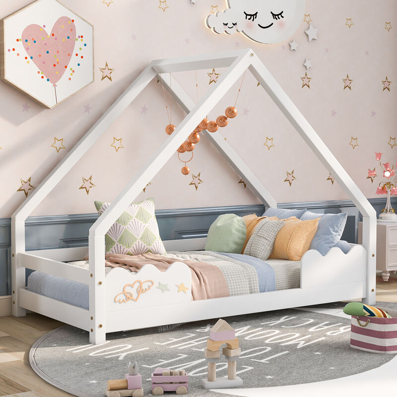 Letto per bambini 90x200cm letto per bambini in legno di pino letto per bambini casa per bambini con protezione anticaduta e rete a doghe, bianco