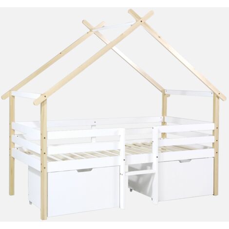 Letto per bambini 90 x 190 cm in legno di pino con rete a doghe inclusa e 2 cassetti