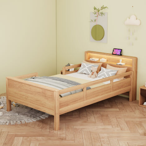 Letto per bambini 90×200cm, testiera con contenitore, USB+Type-C, letto singolo LED, pino, senza materasso, naturale