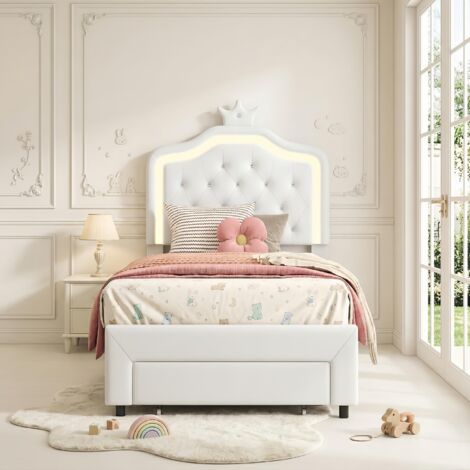 Letto per bambini 90x190 cm con cassetti - Testiera con corona a LED - Rete a doghe inclusa, design scandinavo, bianco