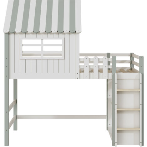 Letto per bambini 90x200 cm, a forma di tetto con scala di sicurezza e contenitore, verde