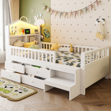 Letto per bambini 90x200 cm con 4 cassetti, letto singolo con illuminazione LED, porta USB + Type-C, rete a doghe, anticaduta, legno, bianco