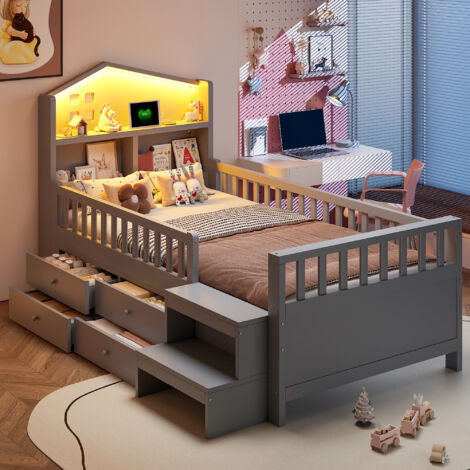 Letto per bambini 90x200 cm con 4 cassetti, letto singolo con illuminazione LED, porta USB + Type-C, rete a doghe, anticaduta, legno, grigio