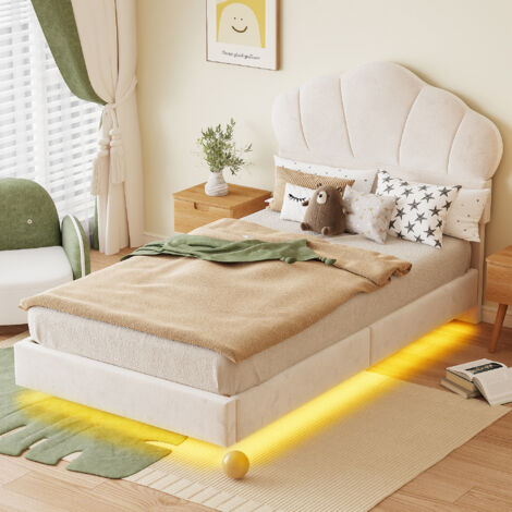 Letto per bambini 90x200 cm, con LED, testiera a forma di nuvola, velluto, beige (Senza materasso)