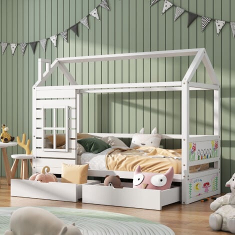 Letto per bambini 90x200 cm con protezione per finestra e due cassetti portaoggetti, letto a soppalco multifunzionale in legno di pino massello per bambini/ragazze, bianco