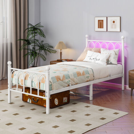 Letto per bambini 90x200 cm con struttura in metallo bianco e testiera alta, LED multicolore, porta USB, contenitore sottoletto
