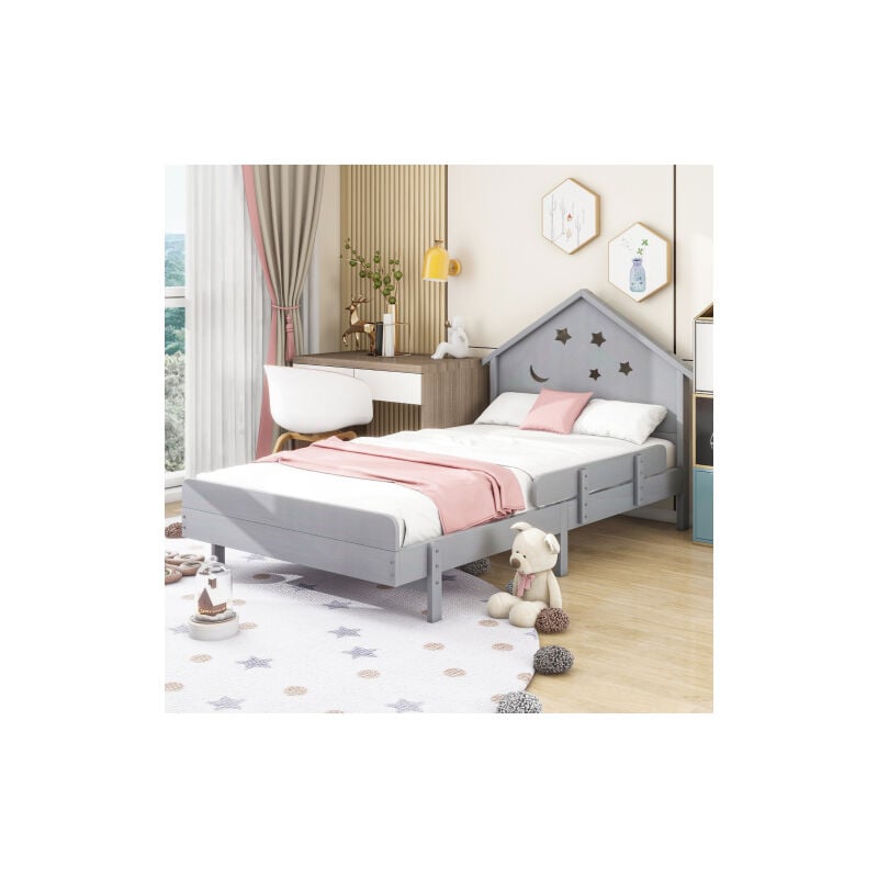 Image of Letto per Bambini 90x200 cm in Legno Massiccio, Stampa Stelle e Luna - Grigio