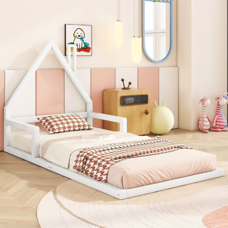 Letto per bambini 90x200 cm, letto piano, a forma di casa, in legno massiccio, bianco(Materasso non incluso)