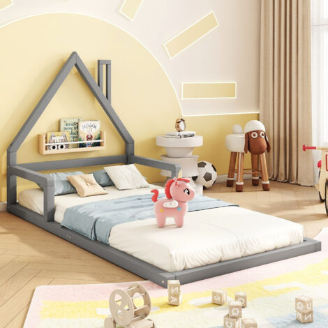 Letto per bambini 90x200 cm, letto piano, a forma di casa, legno massiccio, grigio(Materasso non incluso)