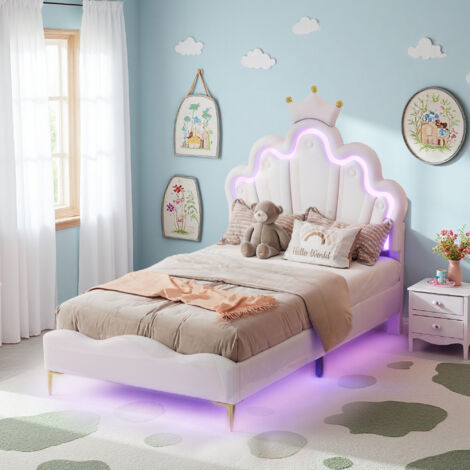 Letto per bambini 90x200 cm - tessuto in PU - LED - Struttura letto 90x200 cm - Bianco