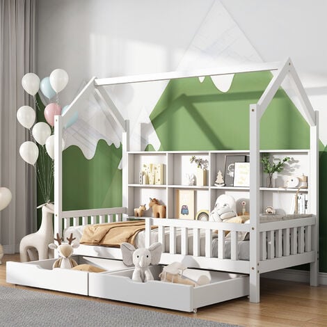 Letto per bambini 90x200cm, con libreria multiuso, ripiano e due ampi cassetti, in legno massello con recinzione, bianco