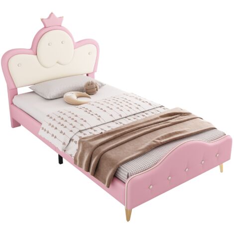 Letto per bambini 90x200cm con striscia led monocromatica, testata con corona, testata ondulata, pu, rosa + bianco