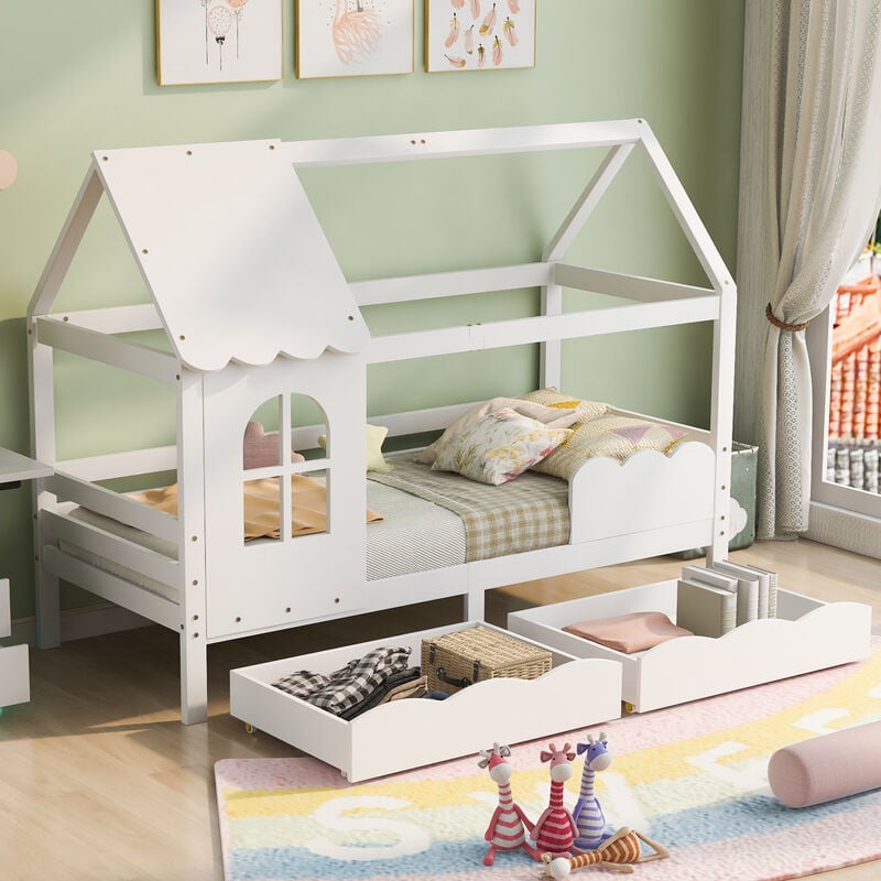 Letto per bambini 90x200cm Letto per bambini in legno di pino con 2 cassetti, finestra anticaduta e rete a doghe, bianco