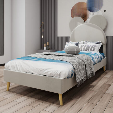 Letto per bambini/adulti 140x200 cm, letto matrimoniale, testiera a cartoni animati, rete a doghe imbottita, materasso non incluso, MDF, beige