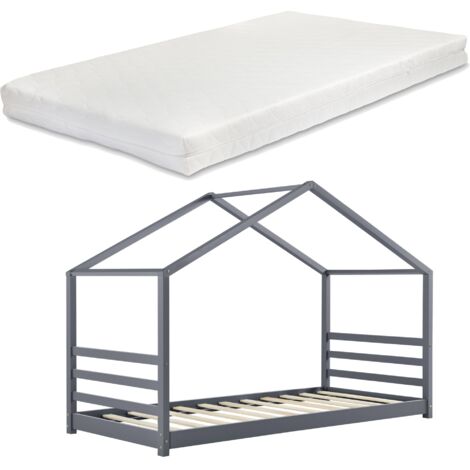 Letto per bambini cabina House con materasso e rete a doghe in legno di pino grigio 90 x 200 cm 030005490