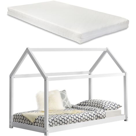 Letto per bambini cabina House con materasso e rete a doghe in pino bianco 90 x 200 cm 030002641