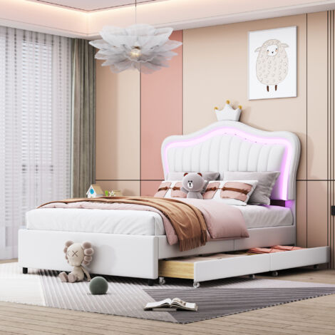 Letto per bambini capitonnè 90 x 200 cm, struttura letto singolo per bambina White Crown in pelle PU con cassetti portaoggetti, luci a LED, rete a doghe e schienale