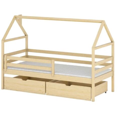 LETTO PER BAMBINI CASA CON CASSETTI E RIALZO MISSISSIPPI - Naturale - 90 x 190