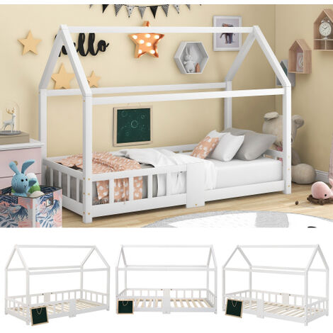 Letto per bambini casa letto 90 x 200 cm, letto in legno per camera dei bambini, tavola inclusa  reti a doghe  protezione anticaduta, in legno di pino, bianco (senza materasso)