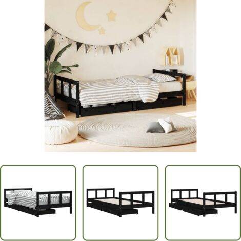 Letto per bambini -  Giroletto Bambini con Cassetti Nero 90x200cm Massello di Pino