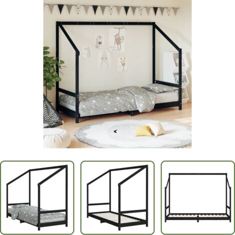 Letto per bambini -  Giroletto per Bambini Nero 80x200 cm in Legno Massello di Pino