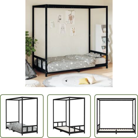 Letto per bambini -  Giroletto per Bambini Nero 90x200 cm in Legno Massello di Pino
