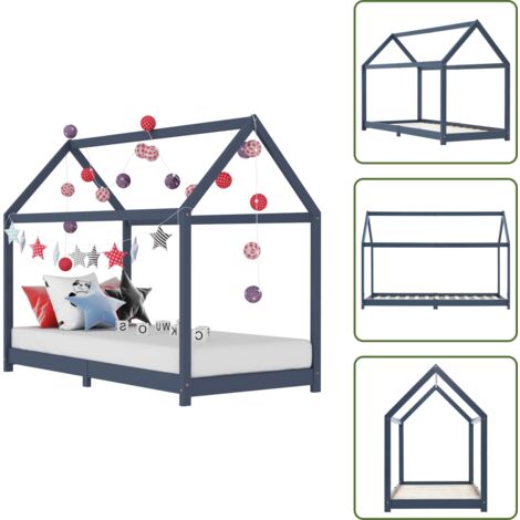 Letto per bambini grigio - vidaXL Giroletto per Bambini Grigio in Massello di Pino 90x200 cm - Letto per bambini con tende