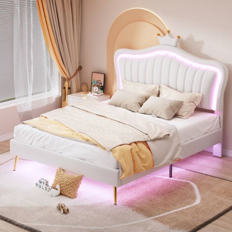 Letto per bambini imbottito 140 x 200 cm, giroletto per bambine, giroletto matrimoniale corona bianca in pelle PU con luci a LED, rete a doghe e schienale (materasso non incluso) OKWISH